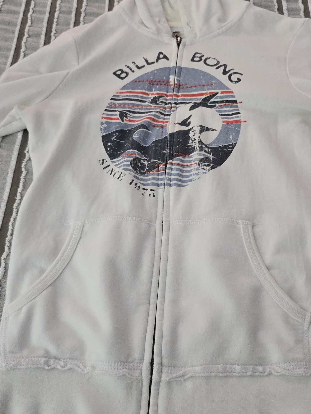 Billabong White Zip Hoodie with Retro Surf Graphic